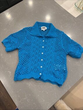 BIMBA Y LOLA Blue Open-Knit Button-Down Short Sleeve Top